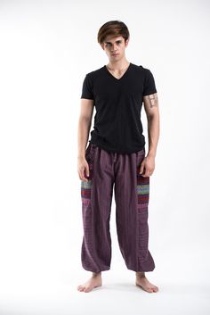 Men's Drawstring Pinstripes Cotton Pants with Aztec Pocket in Purple Fabric Pants, Parachute Pants, Pajama Pants, Dancing