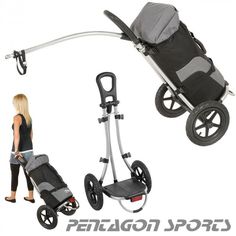 a woman pushing a stroller with wheels