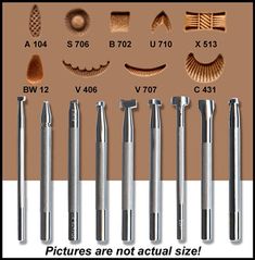 the different types of dental tools are shown in this image, and there is also an actual size