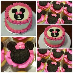 the cake is decorated with pink icing and black mickey mouse ears on it's head