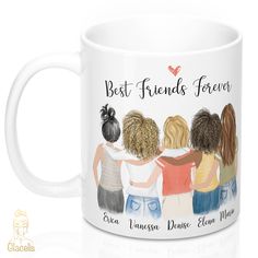 the best friends forever coffee mug is shown with three girls hugging and one girl holding her hand