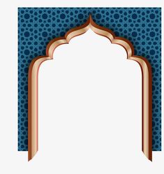 an arabic arch with blue and brown patterns on the wall, in front of a white background