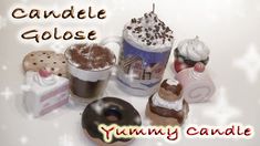 there are many different types of candies and desserts on this table with the words candle gloose