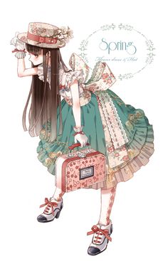 a girl in a dress and hat is holding a suitcase with the word spring on it