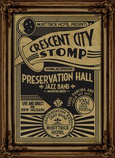 an old concert poster for the crescent city stompp, which is on display