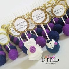 purple and gold wedding cake pops with name tags