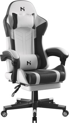 a white and black office chair with wheels on the bottom, sitting in front of a white background