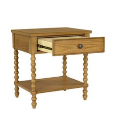 a wooden table with two drawers on one side and an open drawer on the other