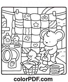 a coloring page with a bear and cupcakes in the background, it is black and white