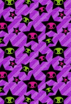 an abstract pattern with skulls and stars in purple, green and pink colors on black background