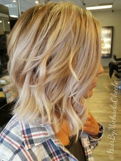 Dimensional blonde created with highlights lowlights and balayage Gold Blonde Highlights, Highlights Lowlights, Gold Blonde, Medium Short Hair, Hair 2018, Hair Color And Cut, Short Blonde Hair, Short Hair With Layers