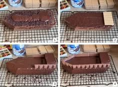 four pictures showing how to make a chocolate cake