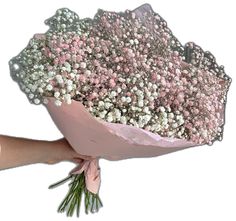 a bouquet of baby's breath is being held by a person with pink and white flowers