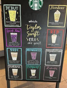 a menu board with different drinks on it