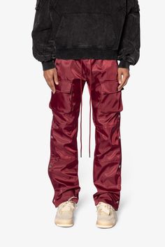 Snap Front Cargo Pants - Red | mnml | shop now 140 Lbs, Nylon Pants, Denim Patchwork, Denim Wash, Short Tops, Cargo Shorts, Cargo Pants, The Knee, Black Pants