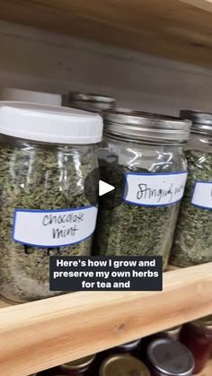 there is a shelf full of jars with herbs in them and the caption reads, here's how i grow and preserve my own herbs for tea and