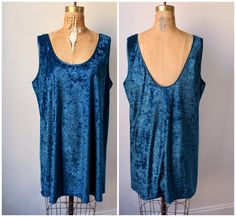 This is a Vintage Blue Velvet Lingerie Nightie / Chemise Dress. Label: California Miss Materials: 100% Polyester Condition: It is in  very good vintage condition with minimal wear and no stains, tears, holes, etc. Size Labeled: 1X Bust (underarm to underarm, doubled): 43" Back Length (top of strap to bottom of hem): 34"  For your visual reference, the dress form's measurements are: Bust:    35" Waist:  25 1/2" Neck:   12 1/2" Hips:    36" *Please note - All items I list are carefully examined an Anthropologie Velvet Slip, Velvet Lingerie, Visual Reference, Chemise Dress, Dress Label, Blue Crush, Dress Forms, Women's Nightgowns, 80s Dress