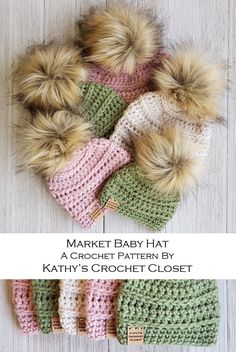 a crochet baby hat with four pompons on top and the words market baby hat written below