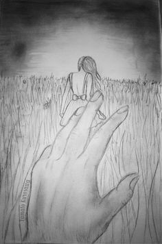 a drawing of a hand reaching out to a person in the middle of a field