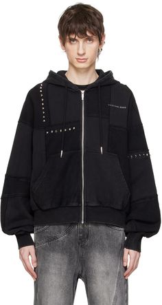 French terry and cotton terry cloth hoodie. Raw edges and studs throughout. · Paneled construction · Drawstring at hood · Zip closure · Logo embroidered at chest · Patch pockets · Rib knit hem and cuffs Supplier color: Black Feng Chen Wang, Terry Cloth, Zip Ups