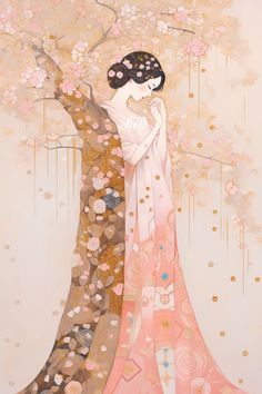 a painting of a woman standing next to a tree with pink and gold flowers on it