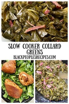 slow cooker collard greens recipe collage with text overlay that says slow cooker collard greens