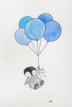 a drawing of a person holding onto some blue and white balloons with a penguin on it