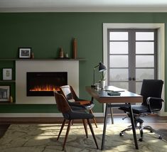 a living room with green walls and a fire place in the fireplace, chairs around a wooden table