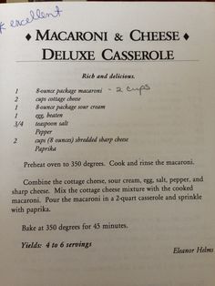 an open book with instructions for macaroni and cheese deluxe casserole