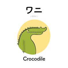 the word crocodile is written in japanese and has an image of a green alligator's head