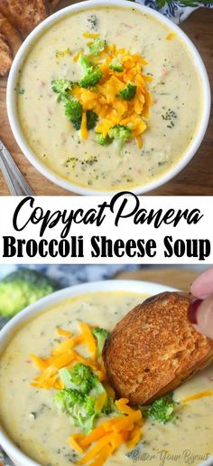 broccoli cheese soup with croutons and bread