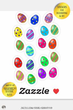 an easter egg sticker with the word zazzle on it and colorful eggs in different colors