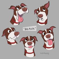 four cartoon dogs with their mouths open and tongue out, one is brown and white