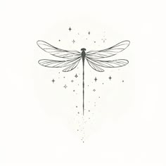 a black and white drawing of a dragonfly with stars on it's wings