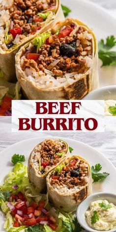 beef burritos with lettuce, tomatoes and other toppings on a white plate