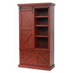 a wooden bookcase with sliding doors on the top and bottom shelves, in red