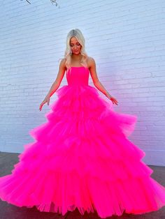 Prom Dresses Hot Pink, Hot Pink Ball Gown, Layered Tulle Prom Dress, Prom Dresses Hot, Dresses Hot Pink, Neon Prom Dresses, Gala Gown, Tulle Prom Dresses, Pink Ball Gown