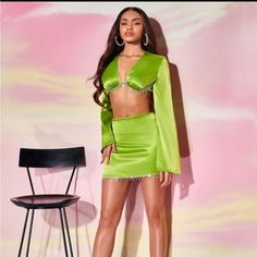 97% Polyester/3% Elastane Hand Wash Sold Out Online Great Festival Outfit! Green Embellished Party Skirt, Fitted Rhinestone Mini Skirt For Party, Green Satin Party Sets, Skirts Shein, Halter Top And Skirt, Twisted Skirt, Shein Skirts, Tube Top And Skirt, Knot Front Top