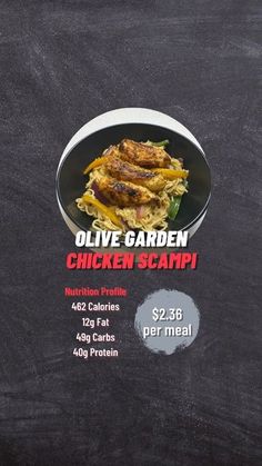 the menu for olive garden chicken scampi is shown on a blackboard background