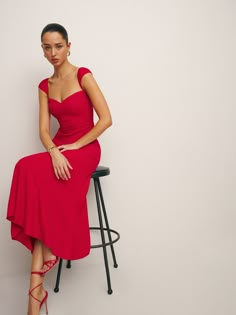 Wear the dress.  Shop the Petites Bryson Dress from Reformation, a midi dress with short, cap sleeves, a sweetheart neckline, and back smocking. Red Dress Classy Elegant Midi, Laura Jade Stone, Special Occasion Gowns, Wedding Guest Attire, Wedding Guest Outfits, Wedding Attire Guest, Guest Attire, Cocktail Attire, Silky Dress