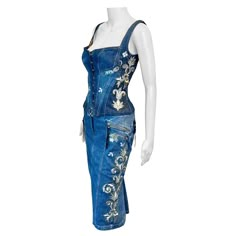 Roberto Cavalli S/S 2003 Embroidered Corset Bustier Denim Top & Skirt 2 Piece Set Ensemble Size S/M Please note the skirt is size S and the top is size M. Roberto Cavalli Skirt, Roberto Cavalli Vintage, Skirt 2 Piece Set, Embroidered Corset, 90s Y2k Fashion, Crystal Belt, Denim Corset, Corset Bustier, Dress Drawing