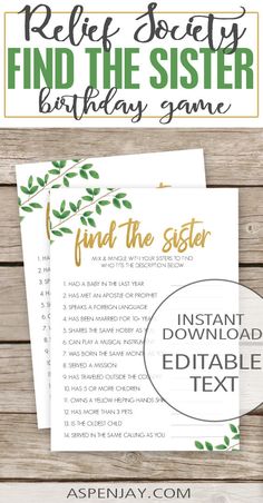 a printable birthday game with the words find the sister, relief society and an image of