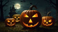 three carved jack o lantern pumpkins in the grass with a full moon behind them