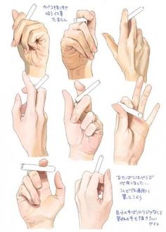 hand gestures in various positions with japanese writing on the top and bottom half of their hands