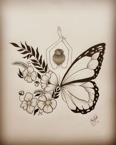 a black and white drawing of a woman with a butterfly on her shoulder, surrounded by flowers