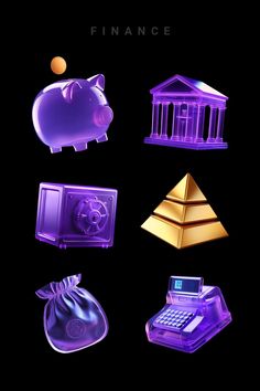 various items are shown in purple and gold on a black background with the words finance above them