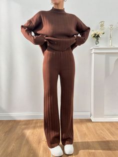 Women Solid Color Rib Knit Pattern Pullover & Sweater Pants Fall Two Piece Set Brown Casual    Plain Pants Slight Stretch  Women Clothing, size features are:Bust: ,Length: ,Sleeve Length: Lounge Wear Winter, Rib Knit Pattern, Brown Two Piece, Plain Pants, Color Cafe, Fall Fashion Trends, Knit Pattern, Sweater Pants, Brown Sweater