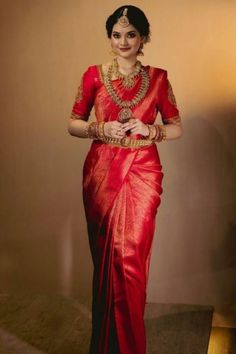 South Indian Bride Dress | Jewellery Kerala Bride Red Saree, Traditional Red Saree Look Bride, Red Wedding Saree Blouse Designs, Wedding Saree Ideas Indian Fashion, Latest Bridal Saree Designs, Kerala Marriage Saree, Red Bridal Saree Kerala, Kerala Red Wedding Saree, Red Saree Wedding Brides South Indian