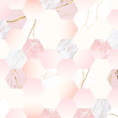 an abstract pink and white background with hexagonal shapes in gold foil on it