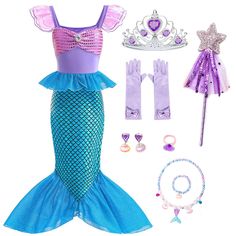 PRICES MAY VARY. 【Material】 The main fabric of the mermaid costume is polyester, which is durable and wrinkle resistant. There are two colorways of little mermaid dresses you can choose from. 【Size】 This Ariel dress is suitable for most kids 2-8 Years. Please refer to the size chart for detail. 【Accessories】 This princess costume comes with a wealth of accessories, including crown, gloves, earrings, ring, bracelet, necklace and wand. 【Design】 The bow neckline shows off the sweet style and is eas Toddler Princess Costume, Mermaid Costume Kids, Princess Ariel Dress, Toddler Fancy Dress, Mermaid Costumes, Little Mermaid Dresses, Toddler Girl Halloween, Little Mermaid Costume, Baby Costumes Girl